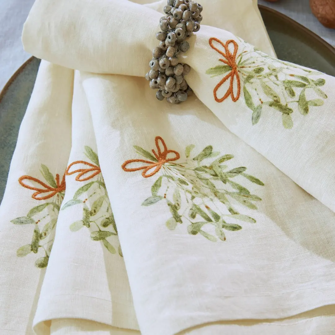 Loberon Servetset Mistletoe - 4 Stuks Wit/Groen