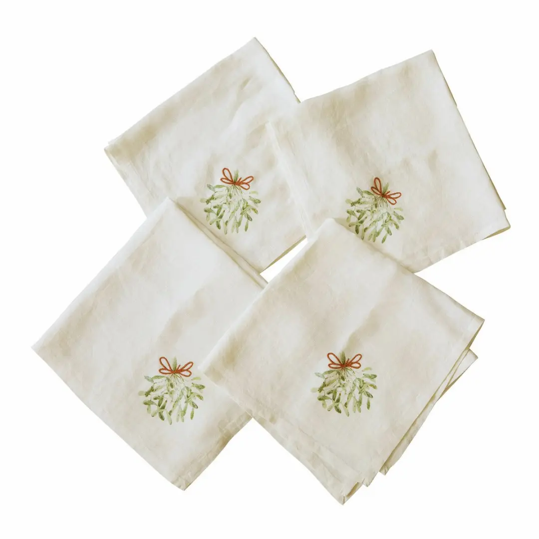 Loberon Servetset Mistletoe - 4 Stuks Wit/Groen