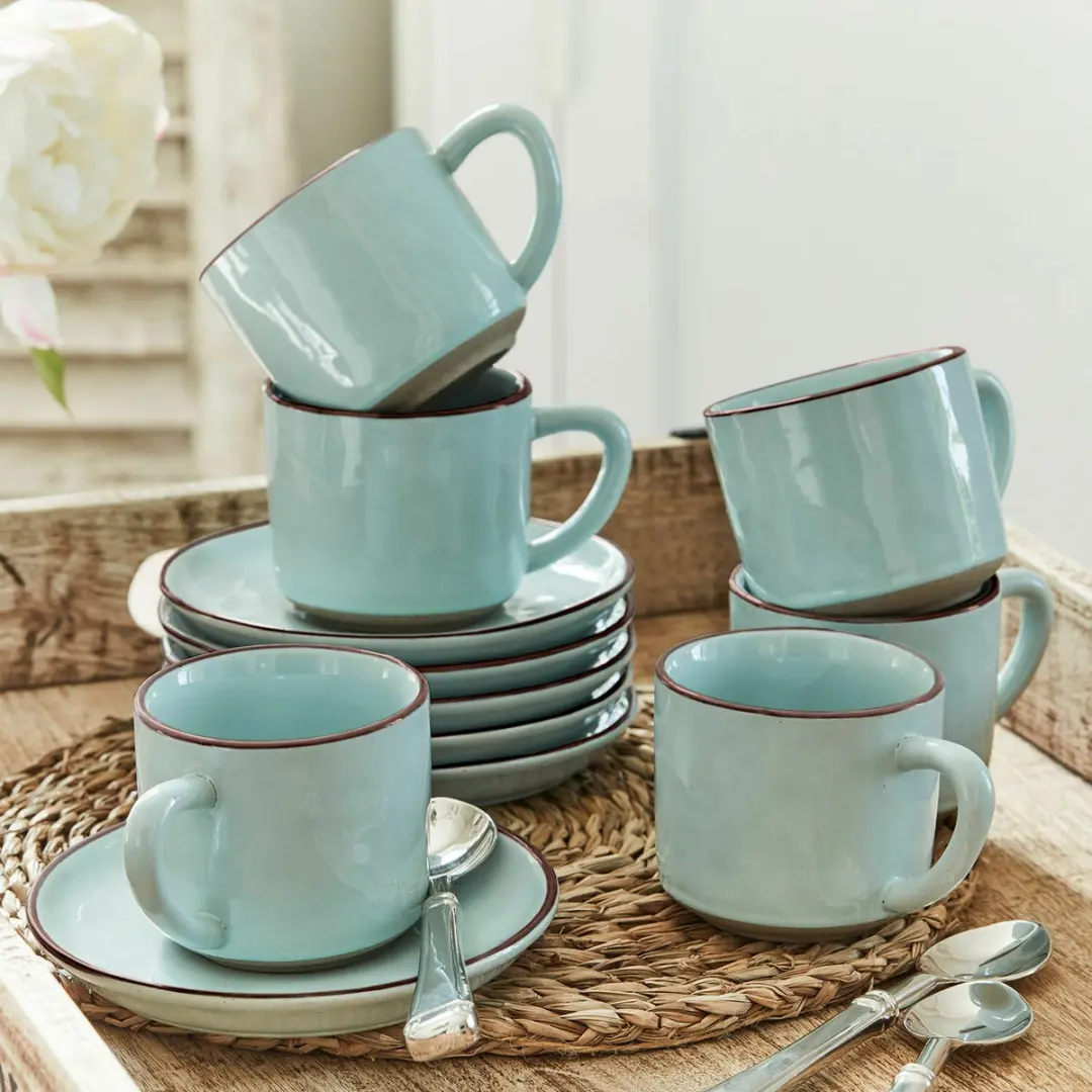 Loberon Biarré Kopjes & Schoteltjes Set 6-delig - Turquoise
