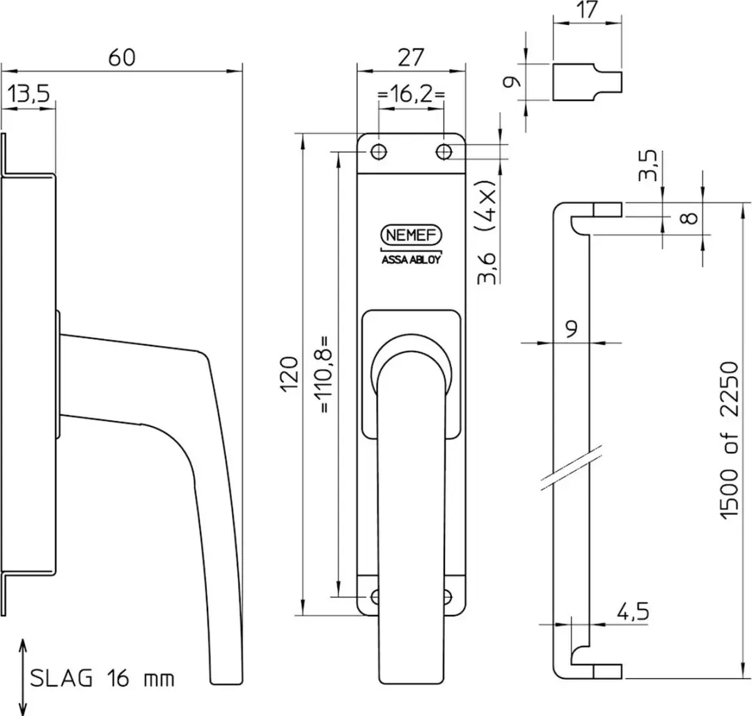 Nemef Staaf voor krukespagnolet 150cm - Verzinkt 9x9mm