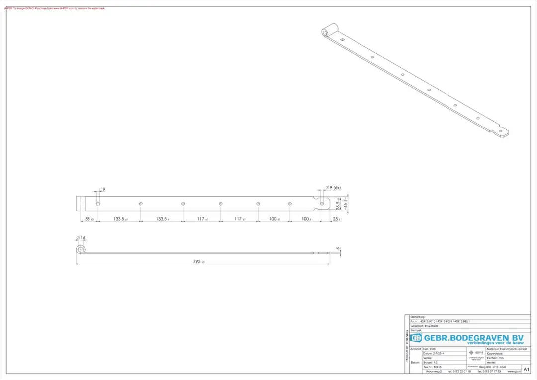 GB Bladscharnier duimgeheng       800mm 45x6  42415
