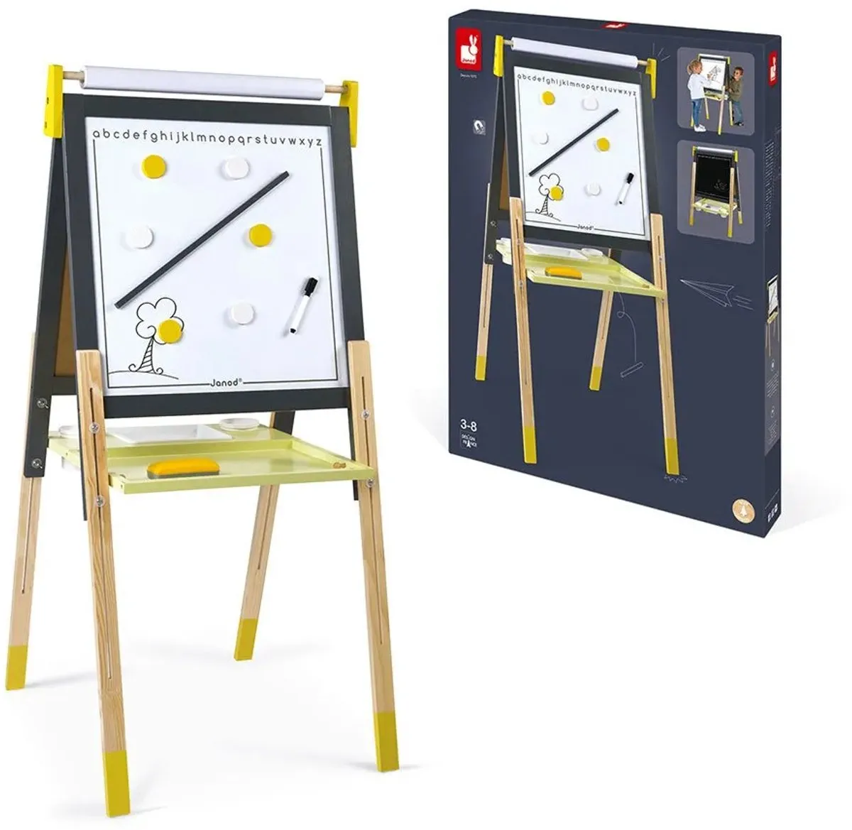 Janod Schoolbord Grijs/Geel Magnetisch Krijtbord - Inclusief accessoires