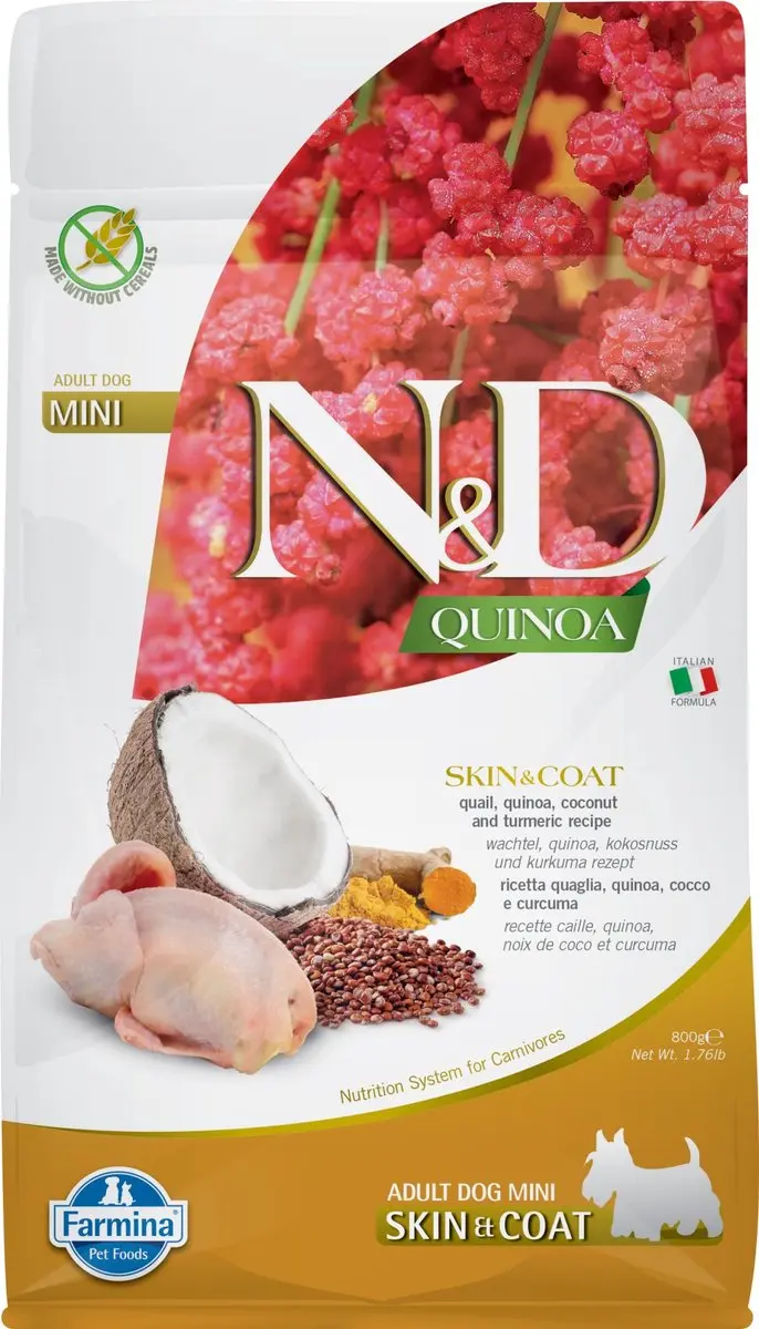 N&D Quinoa hondenvoeding Skin & Coat small breed Kwartel 800 gr.