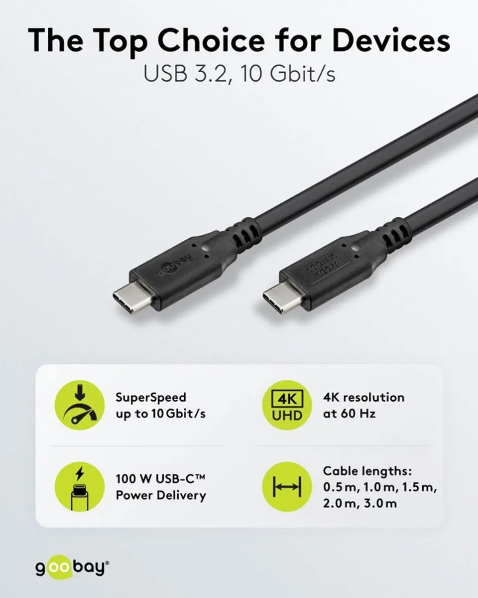 Goobay USB-C-kabel, 1,5 m, zwart, 100 W, 5 A, 10 Gbit/s, USB 3.2, Power Delivery