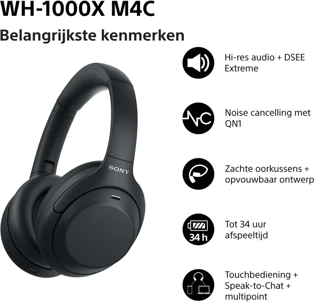Sony WH-1000XM4C Noise Cancelling Koptelefoon - Zwart - afbeelding 4 van 6