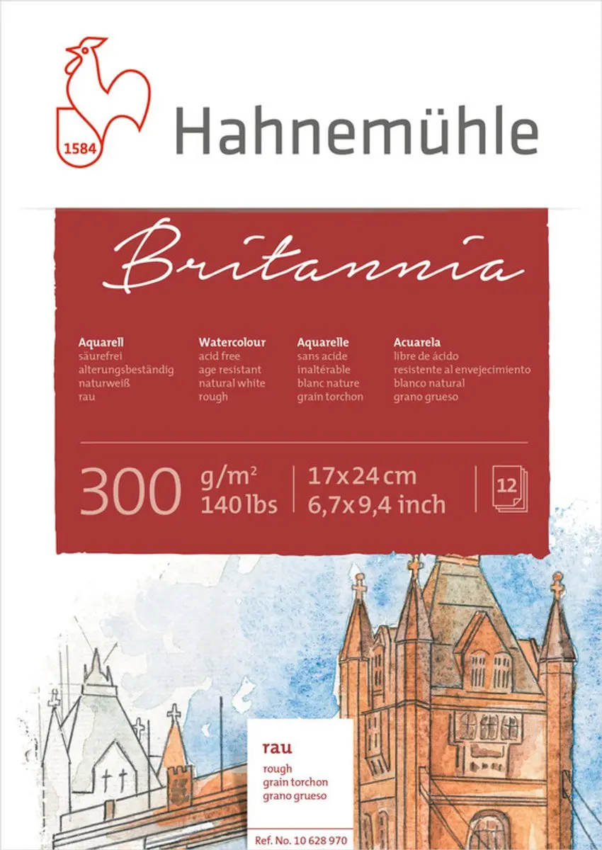 Hahnemuhle Aquarelblok Britannia 300 gram Rough 17x24 cm 12 vel