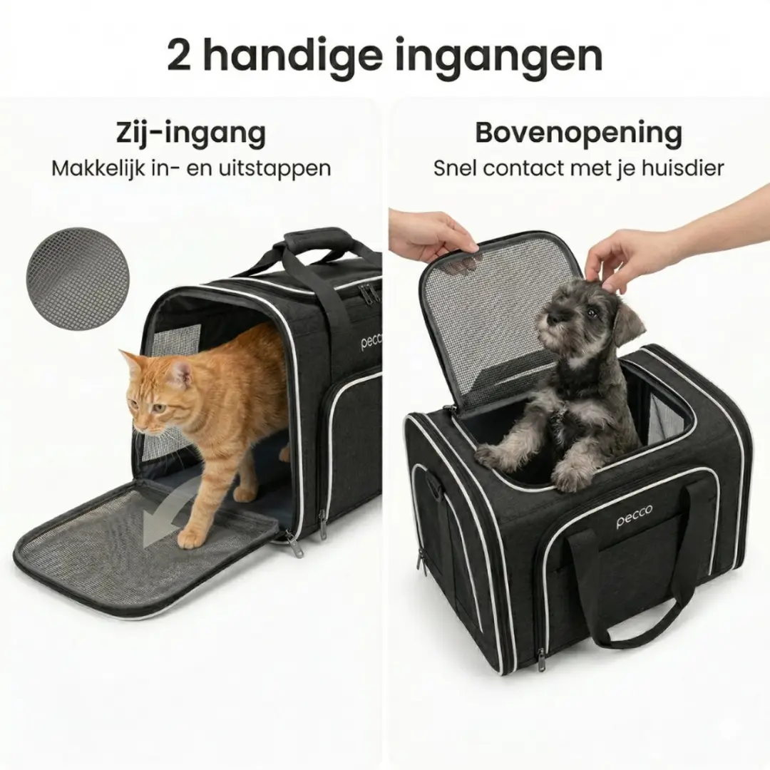 Pecco Dubbel Uitbreidbare Draagtas Honden/Katten - 9kg - Zwart