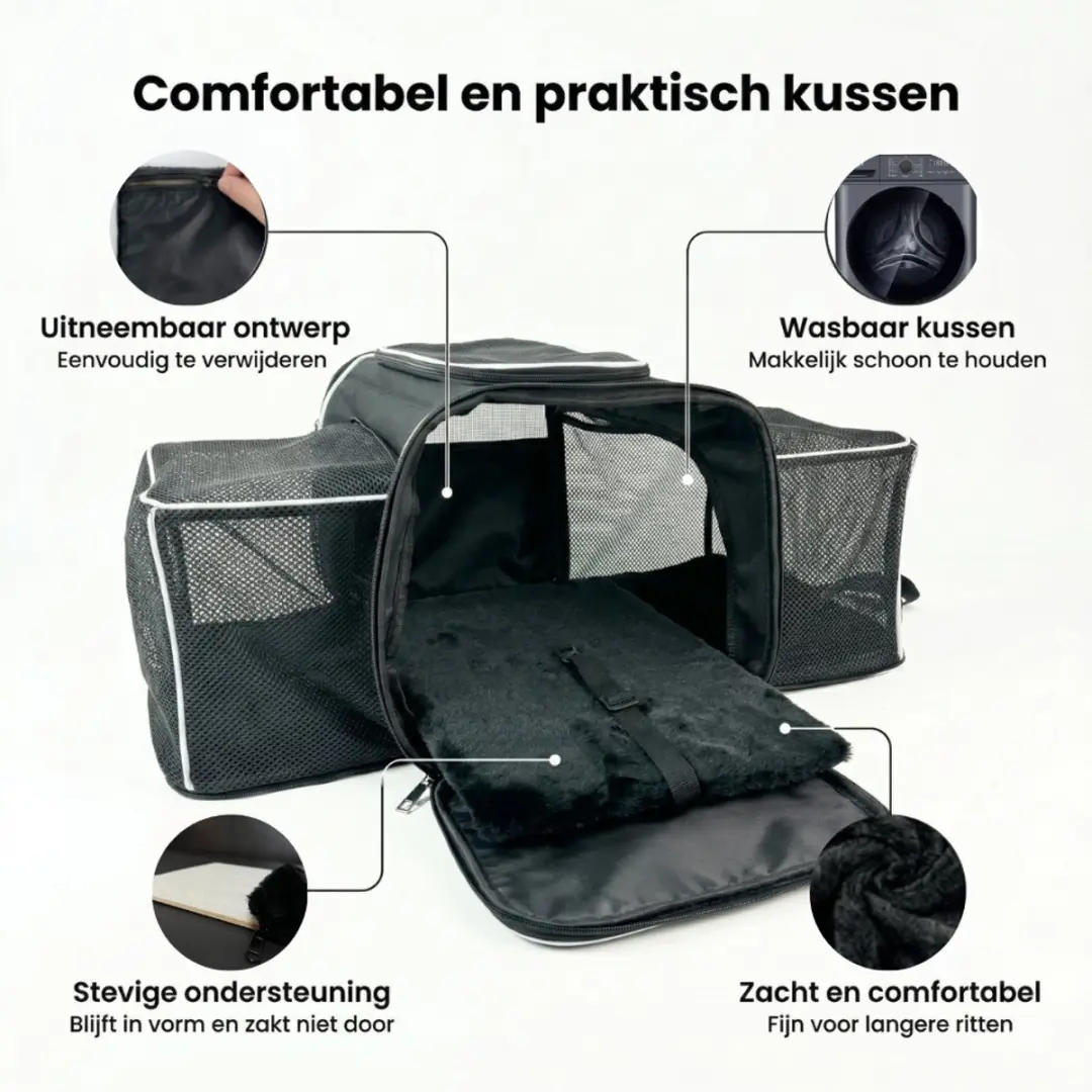 Pecco Dubbel Uitbreidbare Draagtas Honden/Katten - 9kg - Zwart