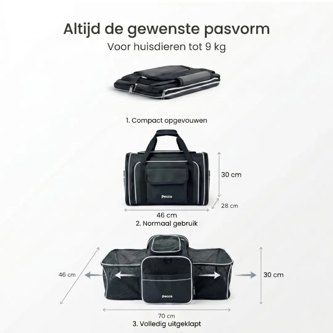 Pecco Dubbel Uitbreidbare Draagtas Honden/Katten - 9kg - Zwart