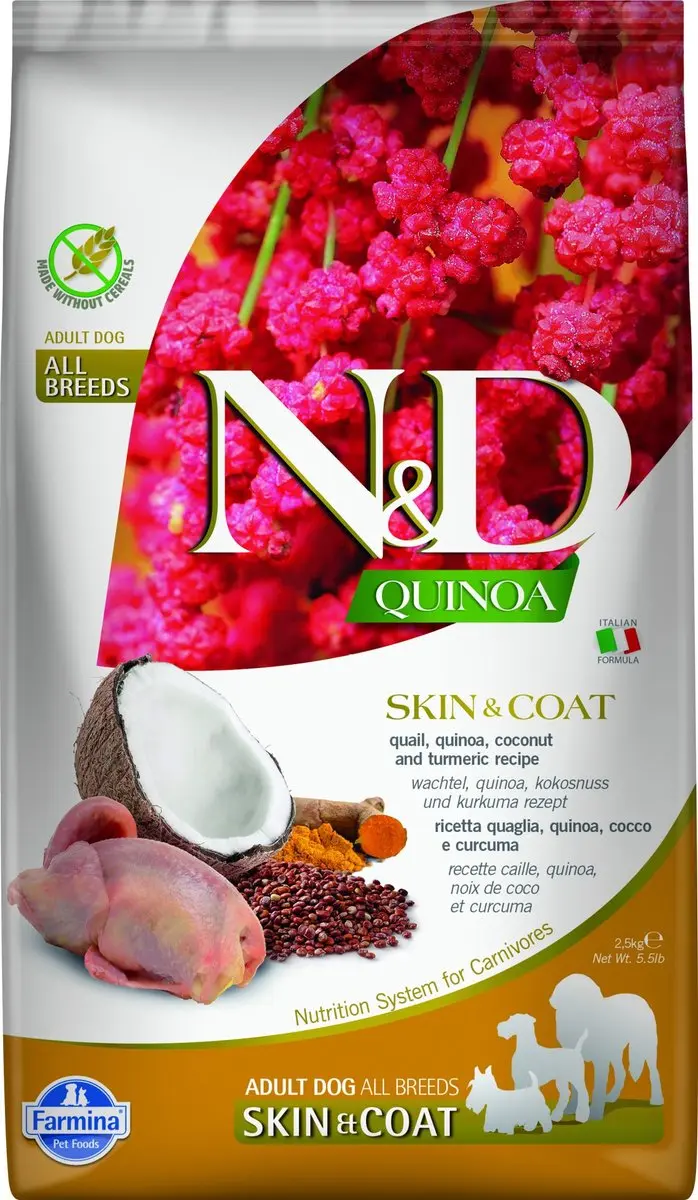 N&D Quinoa hondenvoeding Skin & Coat medium/maxi Kwartel 2,5 kg