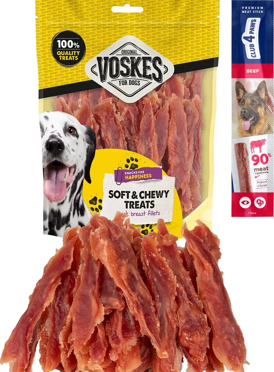 Voskes soft and chewy treats eendenborstfilets 2 x 400 gram met gratis Club 4 Pa
