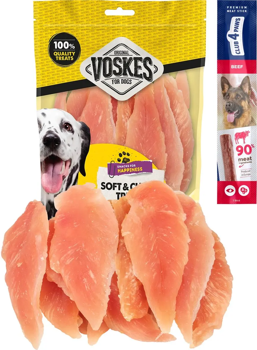 Voskes dog treats gedroogde kippenborst 2 x 400 gram met gratis Club 4 Paws hond
