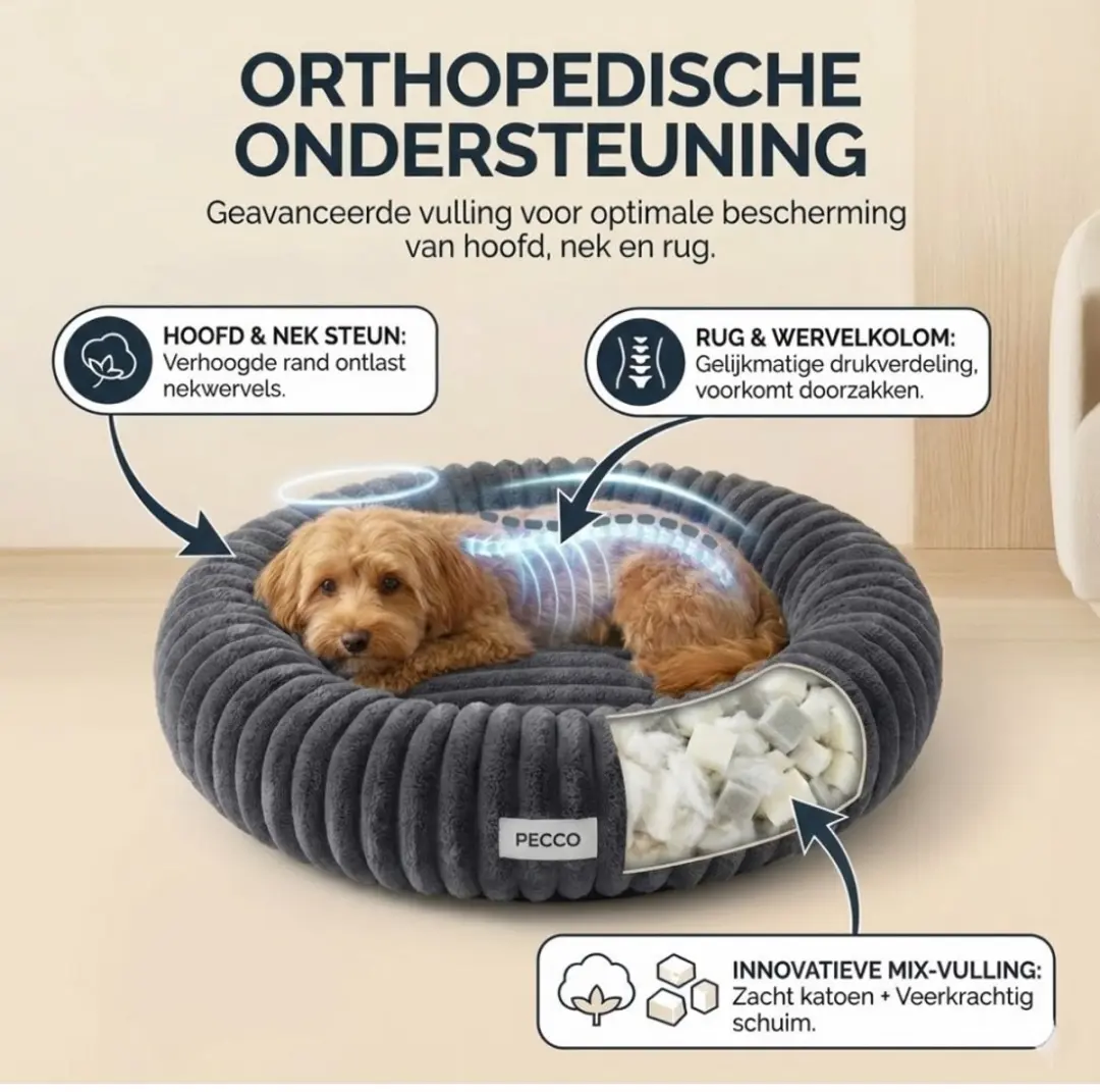 Pecco Luxe Orthopedisch Hondenbed Rond 100cm - Donkergrijs