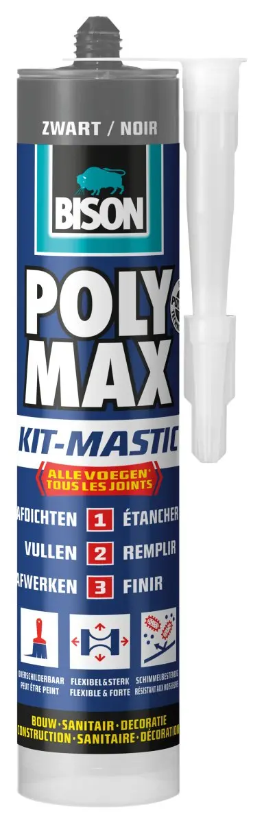 Bison Poly Max Kit zwart koker 280 ml, alles in 1 kit, waterdichte afdichting, u