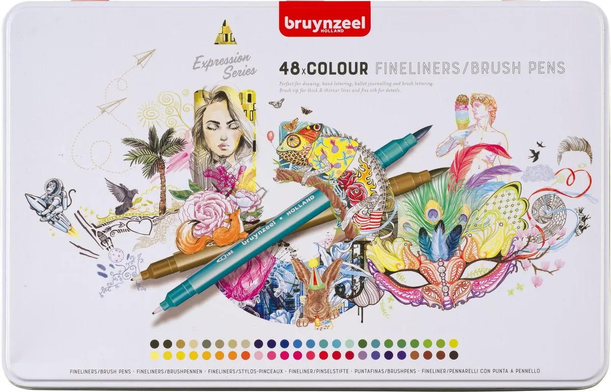 Bruynzeel Creatives Fineliner/Brushpen Set 48 Kleuren