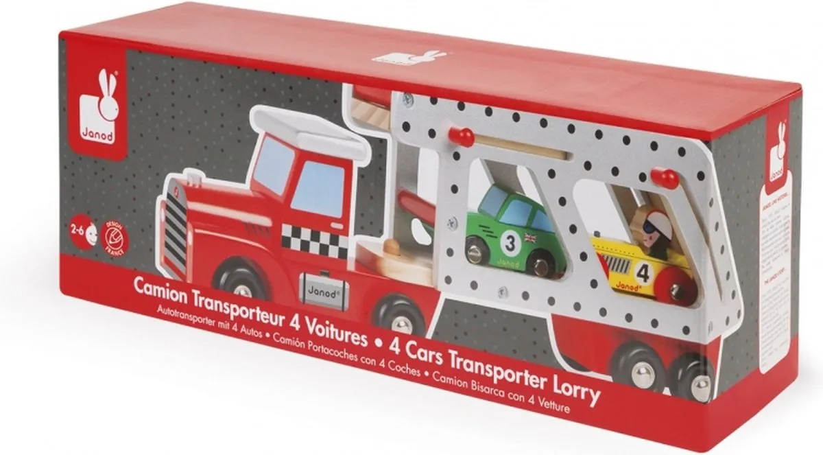 Janod Story Autotransporter Vrachtwagen 8572 - 4 Auto's