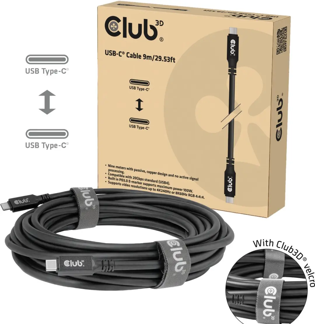 CLUB3D USB-C®-kabel 8K 60 Hz 60W 20 Gbps USB4 9 m/29,53 ft