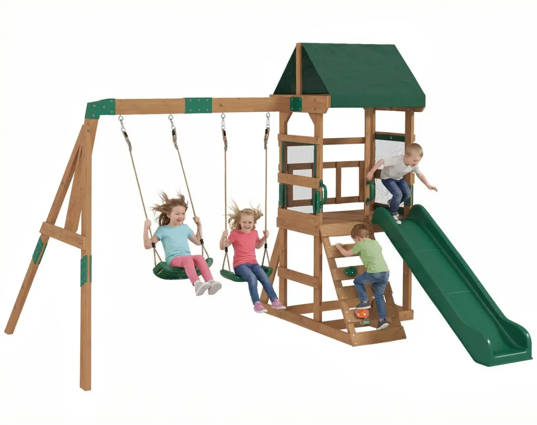 AIYAPLAY Kinderschommel en Glijset-Hout, Kunststof-315L x 284B x 233H cm-Groen