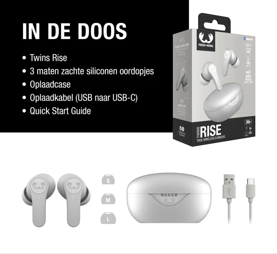 Fresh ’n Rebel Twins Rise 3TW3500 Oordopjes - Noise Cancelling - 30 Uur - Ice Grey - afbeelding 4 van 6
