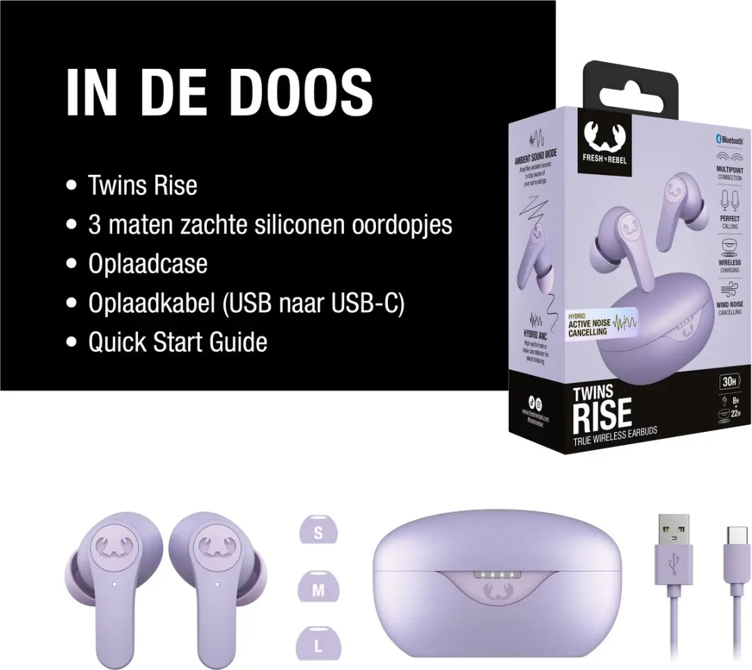 Fresh ’n Rebel Twins Rise Oordopjes - Noise Cancelling - 30 Uur - Dreamy Lilac - afbeelding 5 van 6