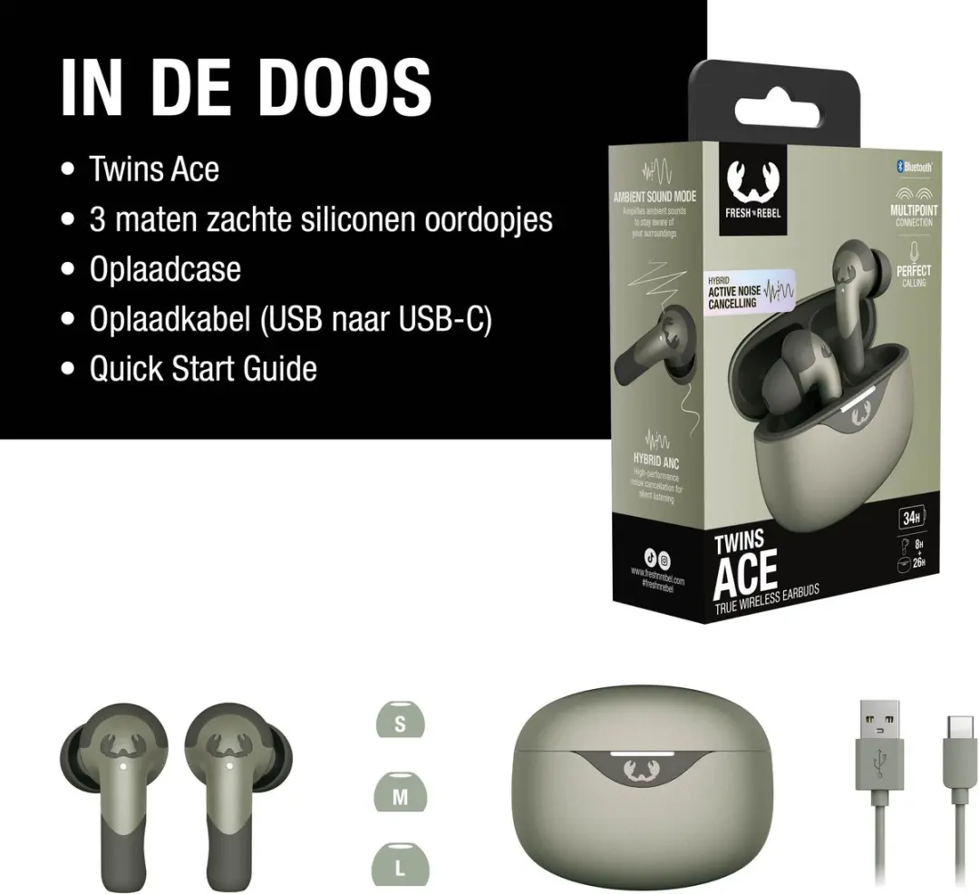 Fresh 'n Rebel Twins Ace 3TW3200DG Oordopjes - Active Noise Cancelling - 34u - Dried Green - afbeelding 6 van 6