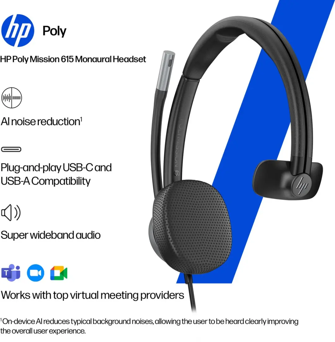 Poly Mission 615 Monaural Headset - Zwart - afbeelding 3 van 6