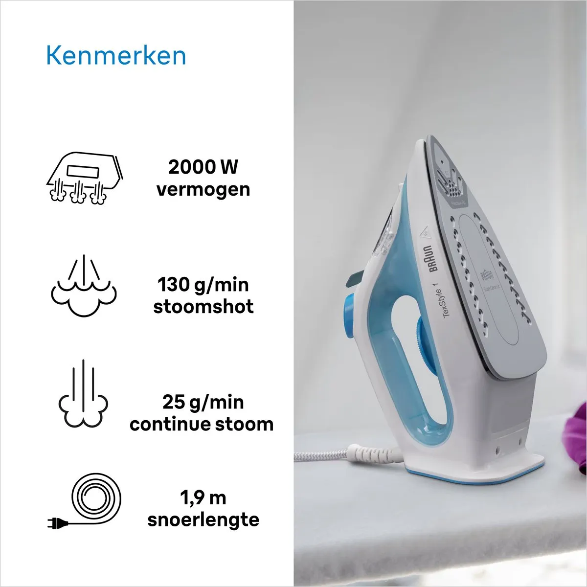 Braun TexStyle 1 SI1050BL Stoomstrijkijzer - 2000W - Blauw