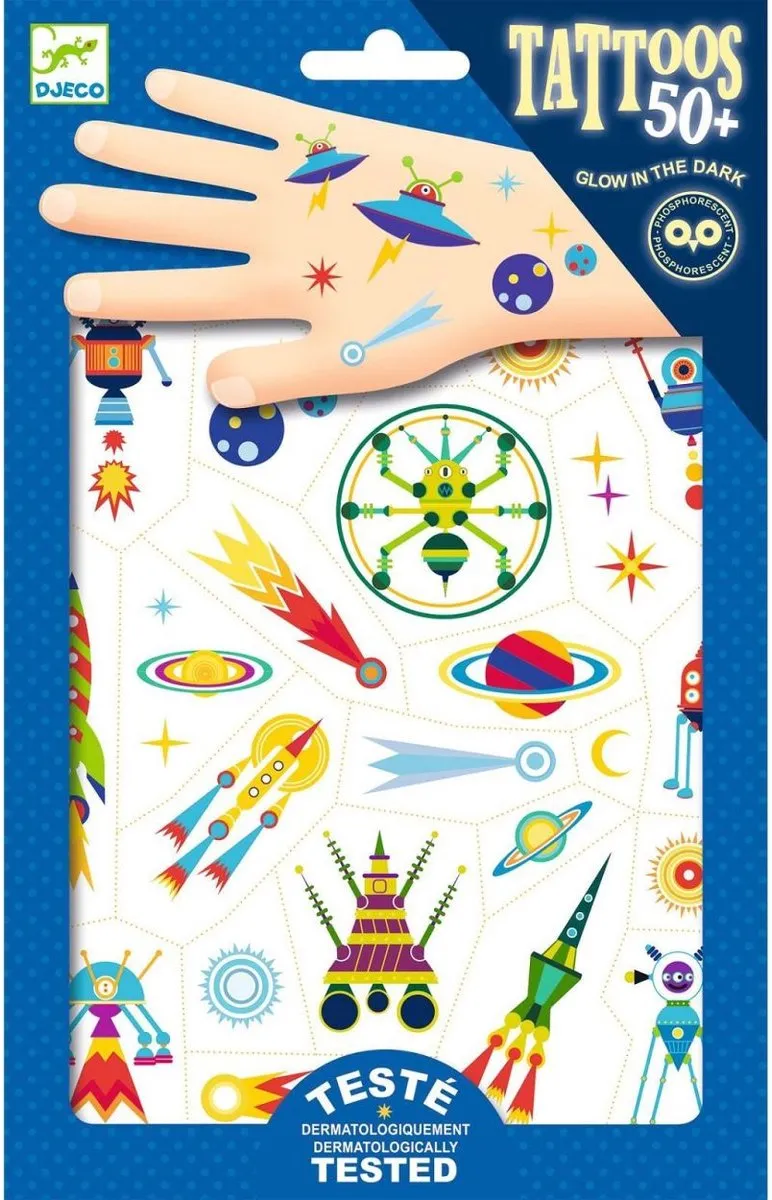 Djeco Tattoo Ruimte - Glow in the dark - Multicolor - afbeelding 6 van 6