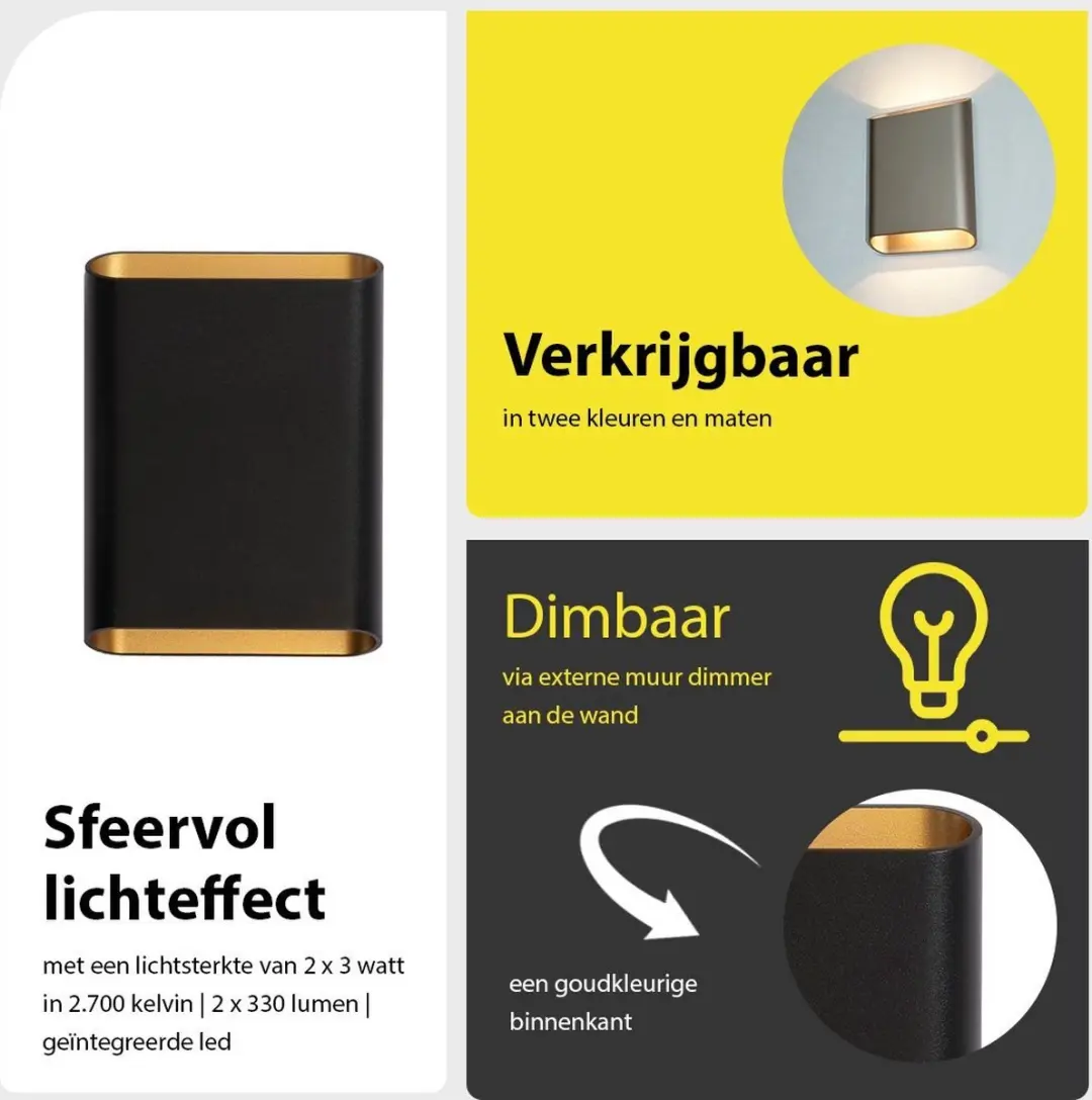 Artdelight Wandlamp Diaz L - Zwart/Goud Mat - 2 Lichtpunten