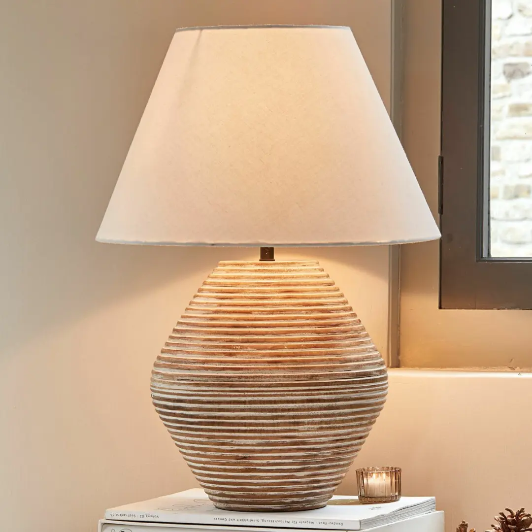 Loberon Landelin Tafellamp - 25W - Ø40cm - Wit/Bruin - afbeelding 5 van 5