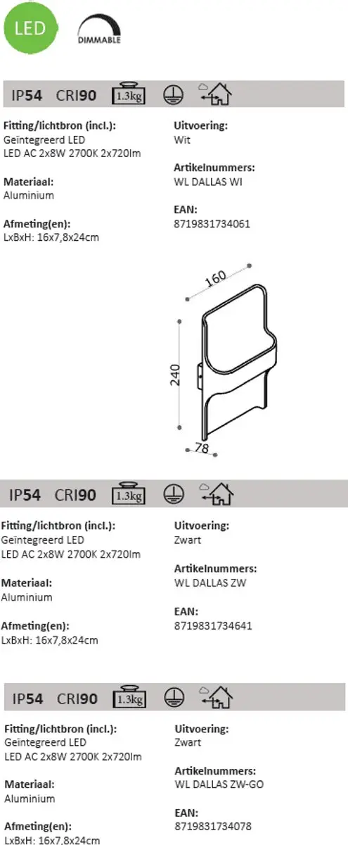 Artdelight Wandlamp Dallas - 2x LED 8W 2700K - Wit