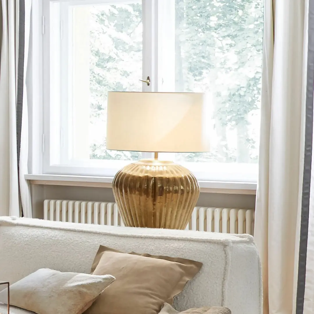 Loberon Tafellamp Fauville - 25W - Ø42cm - Goud/Crème - afbeelding 2 van 5