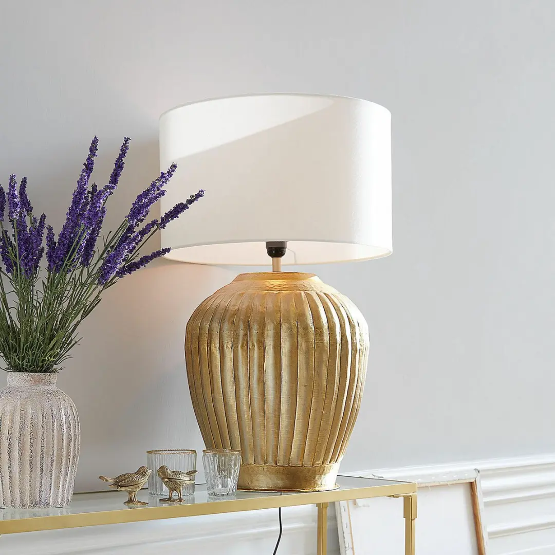 Loberon Tafellamp Fauville - 25W - Ø42cm - Goud/Crème - afbeelding 4 van 5