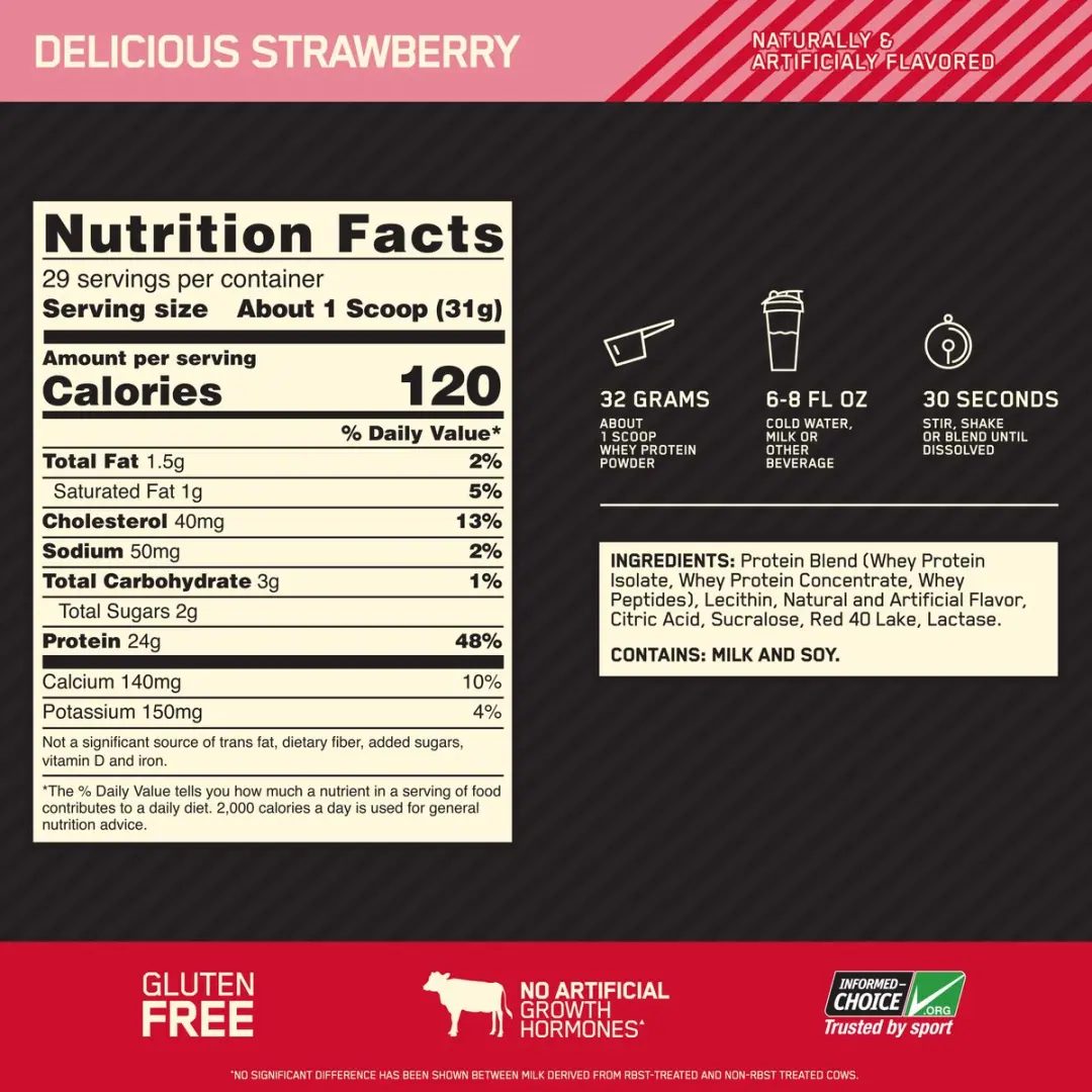 Optimum Nutrition Gold Standard 100% Whey Eiwitpoeder - 4540g - 146 Porties - Aardbei - afbeelding 2 van 6