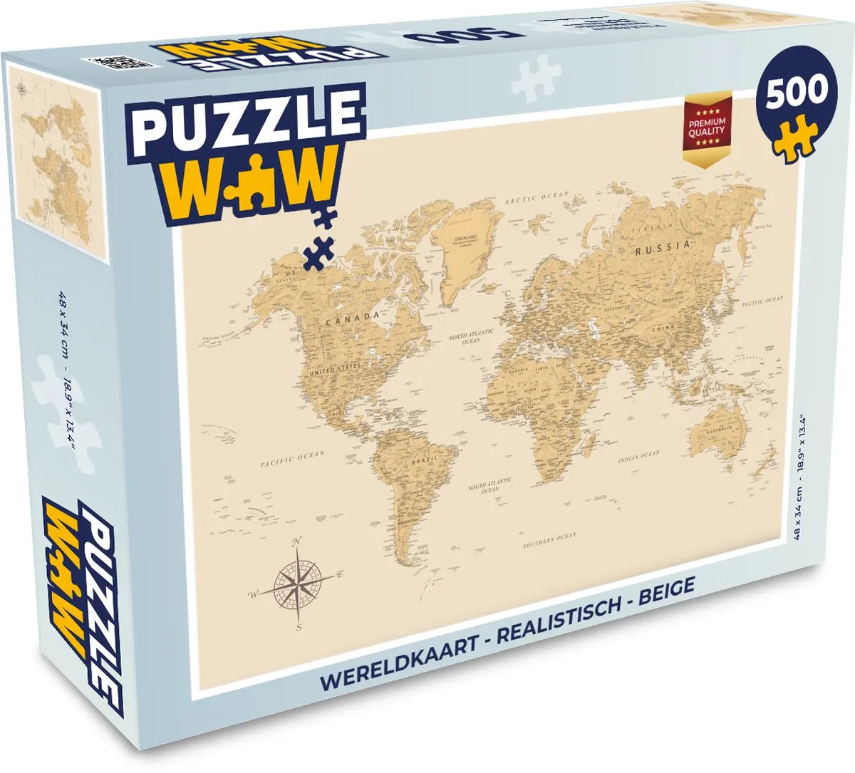 PuzzleWow Wereldkaart Legpuzzel 500 Stuks - Beige