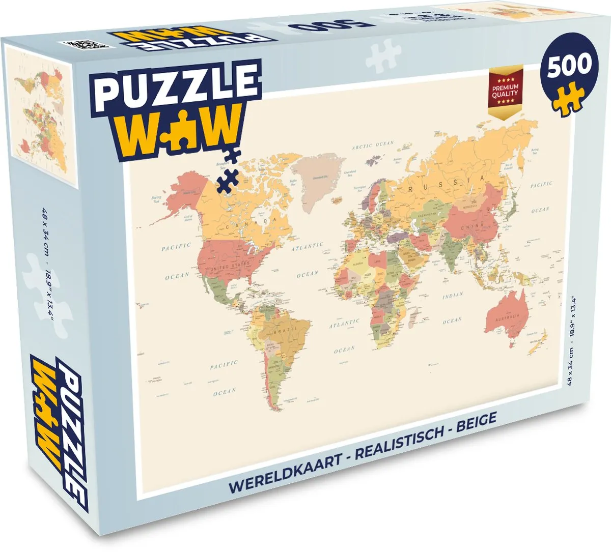 PuzzleWow Wereldkaart Legpuzzel 500 Stuks - Beige