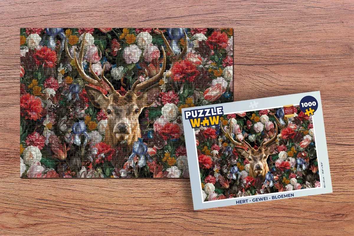 PuzzleWow Hert Gewei Bloemen Legpuzzel 1000 Stuks - Multicolor