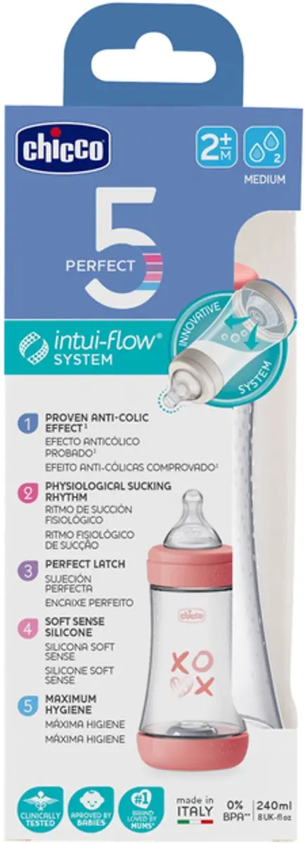 Chicco Perfect 5 Anti-Koliek Babyfles 240ml - Roze - afbeelding 2 van 3