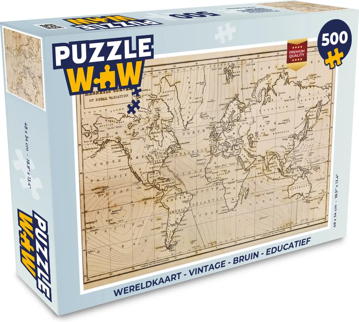 PuzzleWow Wereldkaart Vintage Puzzel 500 Stuks
