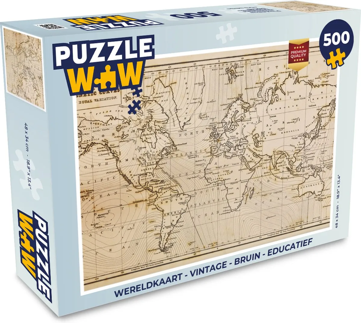 PuzzleWow Wereldkaart Vintage Puzzel 500 Stuks - Multicolor