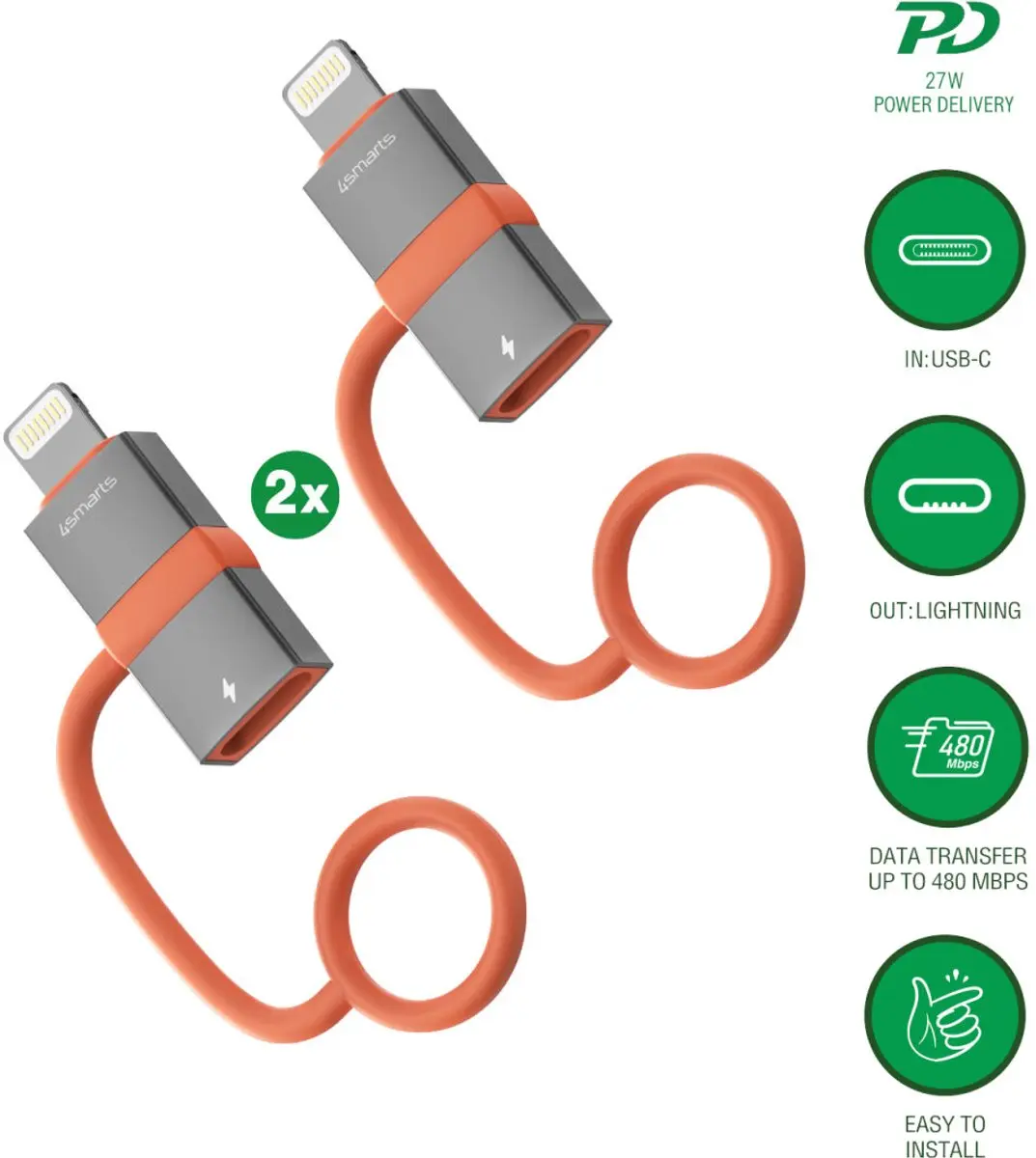 4Smarts USB-C naar Lightning Adapter 27W - 2 Stuks Transparant