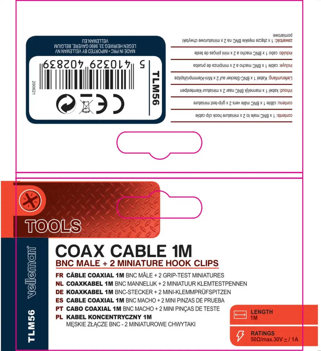 Velleman TLM55 Coaxkabel 1m - BNC M + 2 Krokodillenklemmen - Zwart/Rood