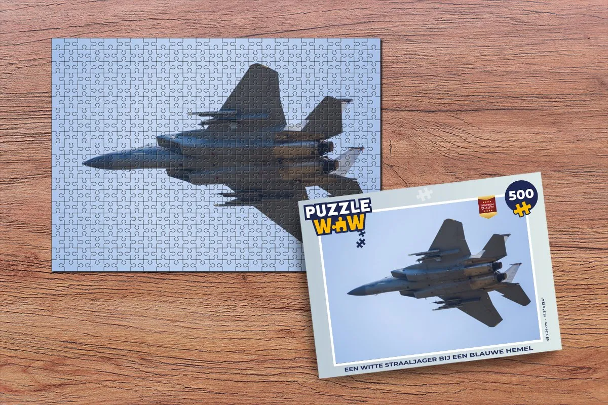 PuzzleWow Legpuzzel 500 Stuks - Een Witte Straaljager bij een Blauwe Hemel