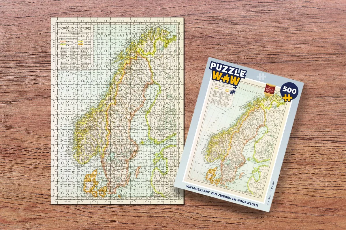 PuzzleWow Vintagekaart Zweden Noorwegen Legpuzzel 500 Stuks - Multicolor