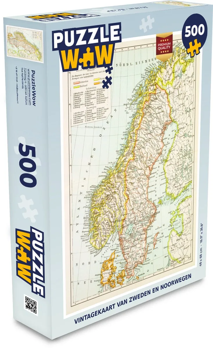 PuzzleWow Vintagekaart Zweden Noorwegen Legpuzzel 500 Stuks