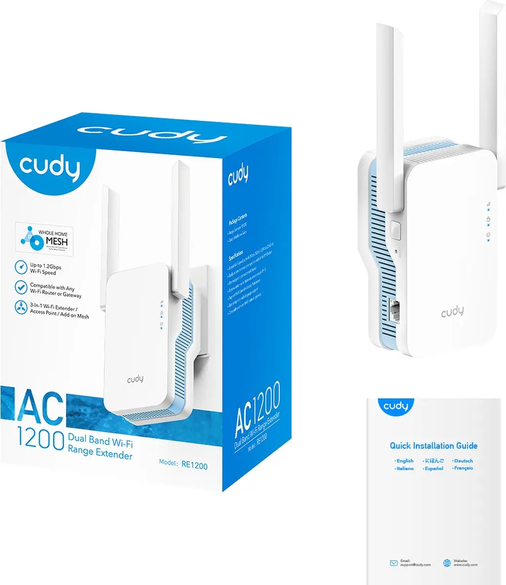 Cudy AC1200 RE1200 Wi-Fi Extender - 4x Ethernet - Wit