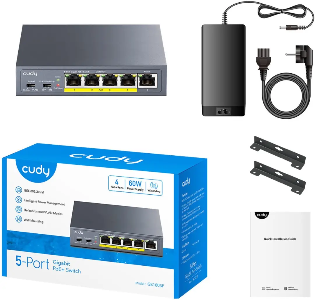 Cudy GS1005P 5-Poort Gigabit Netwerkswitch - PoE+ 60W - Grijs