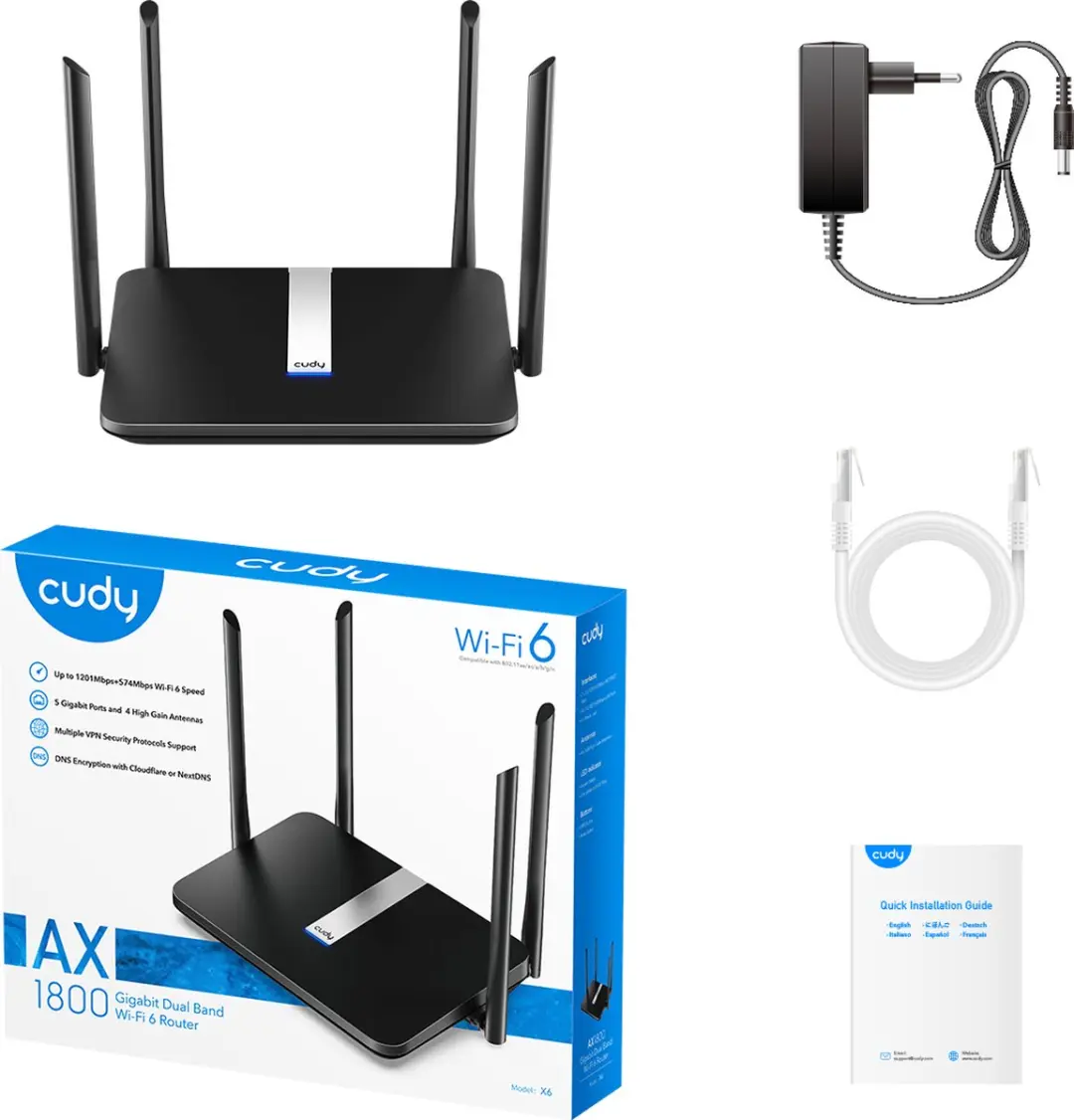 Cudy AX1800 X6 Router - 5x Ethernet - Zwart