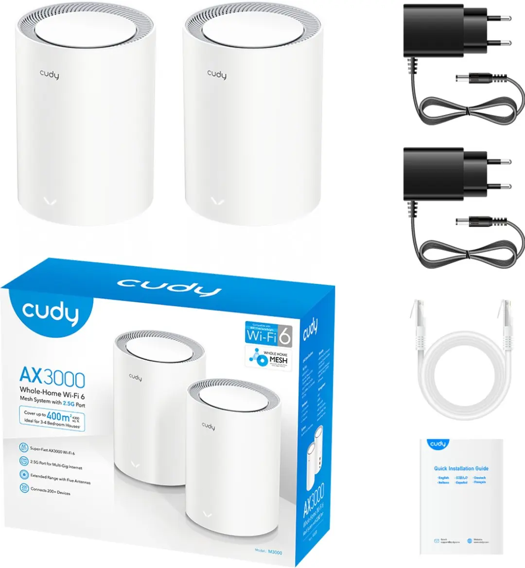 Cudy M3000(2-Pack) V2 Mesh-WLAN Systeem Wi-Fi 6 - 2 Stuks - Zwart