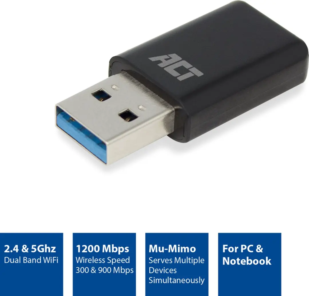 ACT AC4470 Mini WiFi Adapter USB Dual Band 1200 Mbps - Zwart - afbeelding 3 van 5